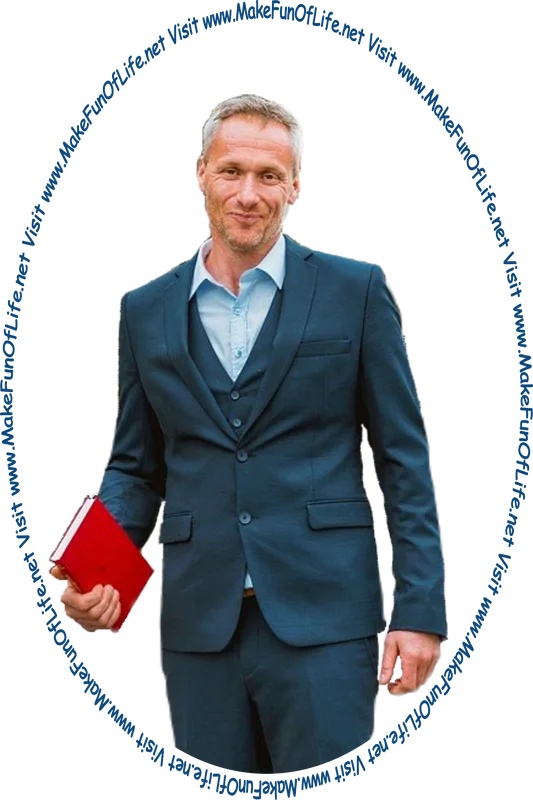 Picture of a smiling happy man holding a book, and the words, 'Visit www.MakeFunOfLife.net.'