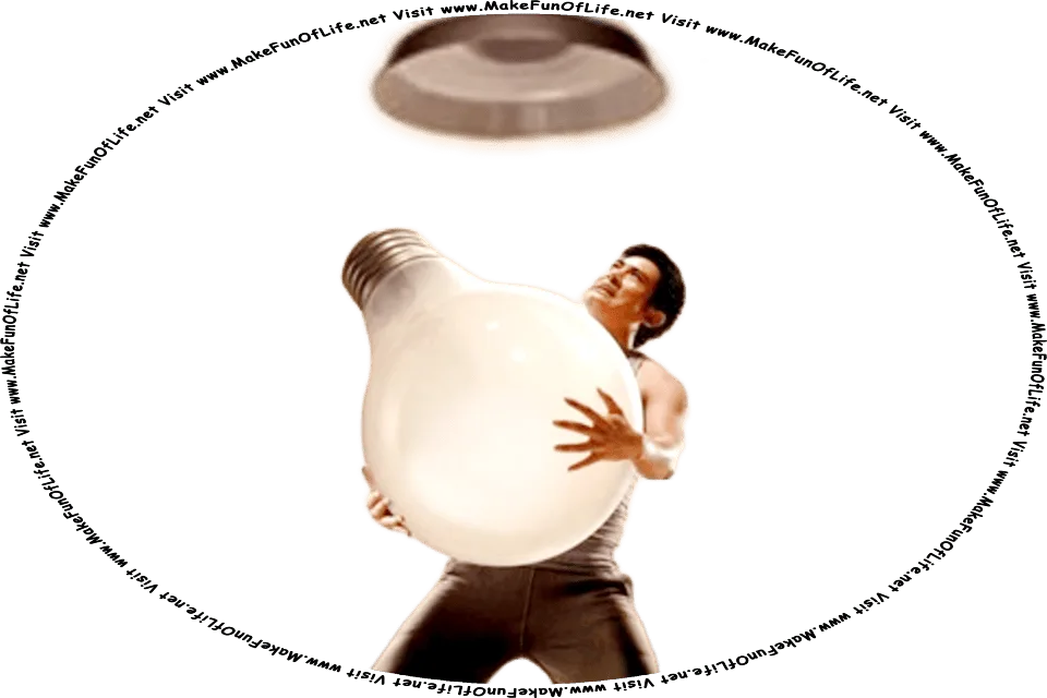 Picture of a man holding an enormous light bulb, while looking up high above himself at the ceiling light fixture the bulb he will have to place it into, and the words, Visit www.MakeFunOfLife.net.