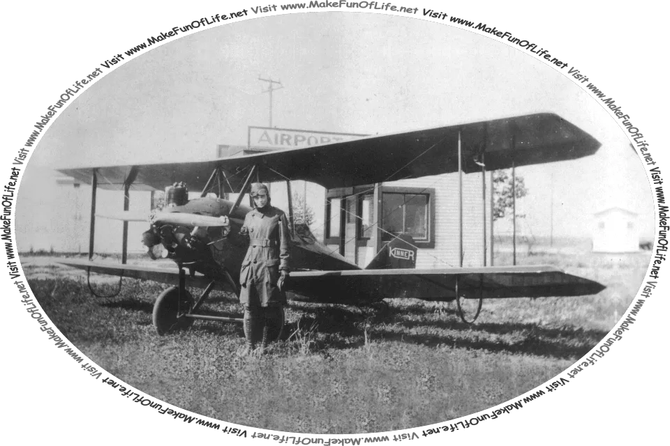 Image shown: Amelia Earhart with her first plane, a Kinner Airster open-cockpit biplane, photographed in about 1921, and the words, Visit www.MakeFunOfLife.net.