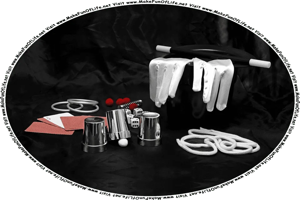 Picture of magic props, or objects used in magic tricks, including playing cards, a ball and 3 cups, 3 rings, a metal spring, 6-sided dice, red fuzzy pom-poms, white gloves, a magic wand, and the words, Visit www.MakeFunOfLife.net.