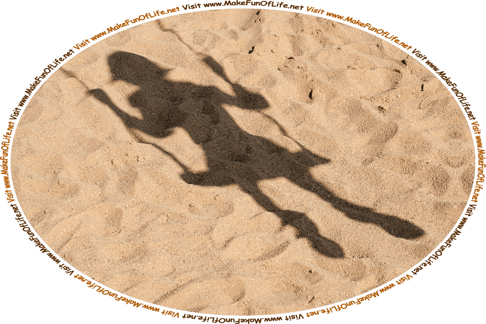 Outdoors picture of the shadow made by a child playing on a toy swing, with the shadow cast over the sand under the swing, and the words, ‘Visit www.MakeFunOfLife.net.’