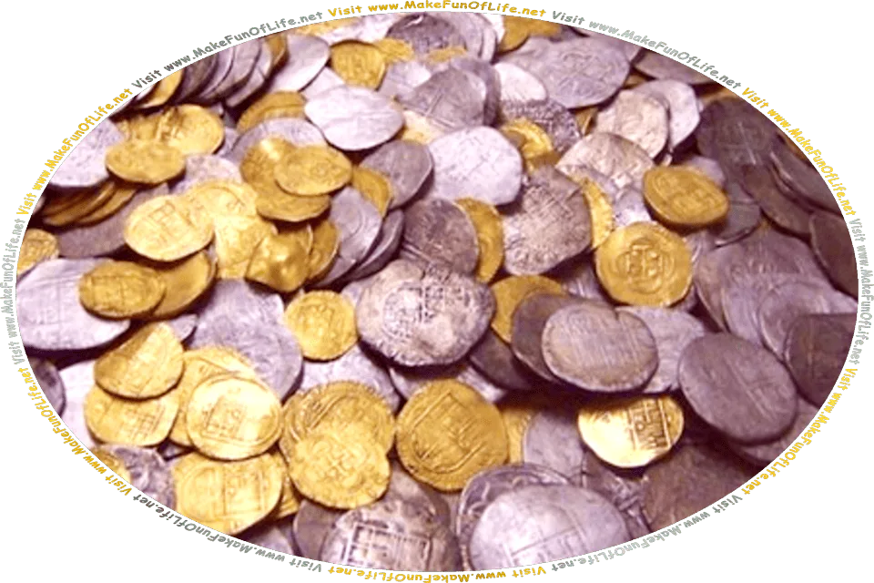 Picture of a pile of old gold and silver coins, and the words, Visit www.MakeFunOfLife.net.