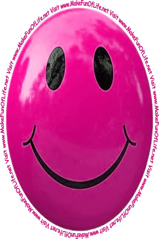 Picture of a pink smiley face and the words, 'Visit www.MakeFunOfLife.net.'