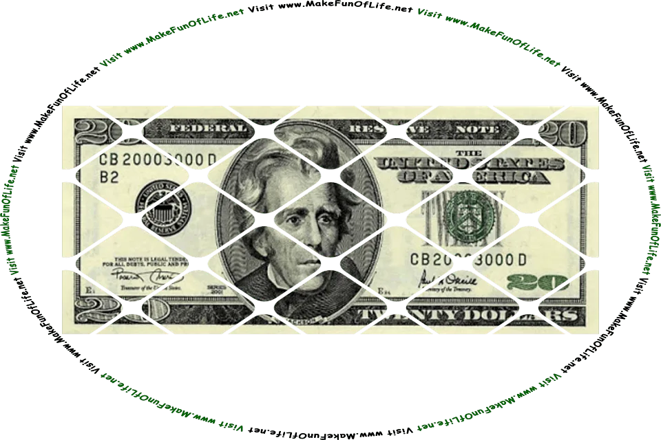 Picture of an American twenty-dollar bill, and the words, Visit www.MakeFunOfLife.net.