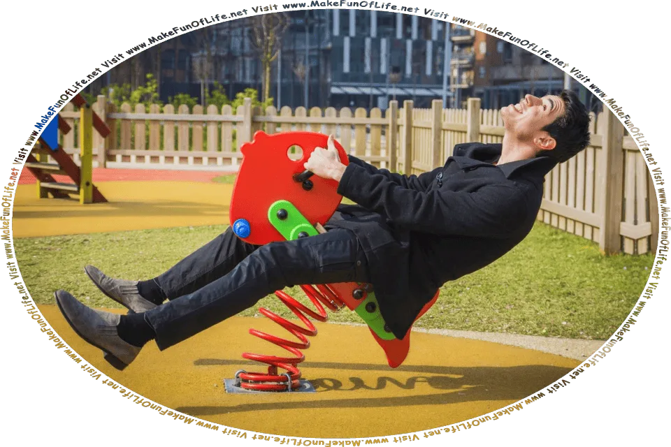Picture of a happy smiling man on a fish mounted on a large metal spring in a playground for children, and the words, Visit www.MakeFunOfLife.net.