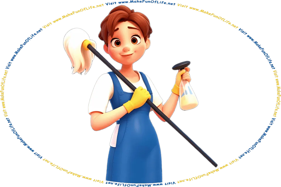 Picture of a happy smiling woman wearing an apron, while holding a mop in one hand and a spray bottle of cleaning solution in the other hand, and the words, Visit www.MakeFunOfLife.net.
