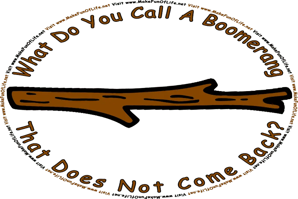 Picture of a brown stick, and the words, What Do You Call A Boomerang That Does Not Come Back? - Visit www.MakeFunOfLife.net.