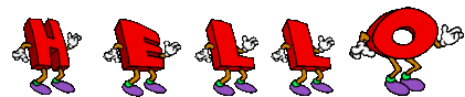 Picture of dancing letter characters spelling the words, ‘HELLO WORLD.’