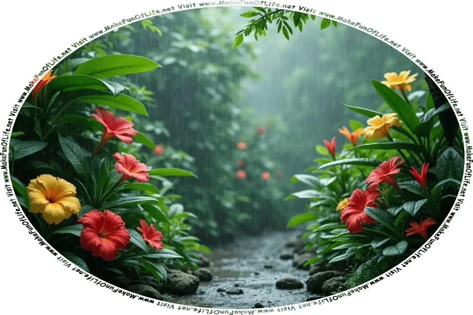 Picture of a dense rain forest or jungle of tropical plants, including flowering plants with large red blossoms and large yellow blossoms, under a downpour of rain, and the words, Visit www.MakeFunOfLife.net.
