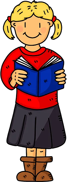 Picture of a happy smiling girl reading a book.