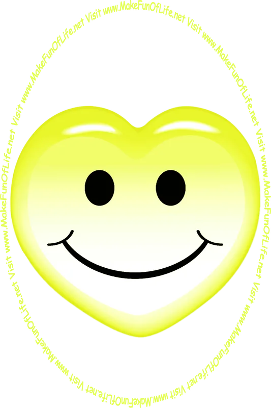 Picture of an orangish-yellow heart with a whimsical smiley face on it, and the words, ‘Visit www.MakeFunOfLife.net.’