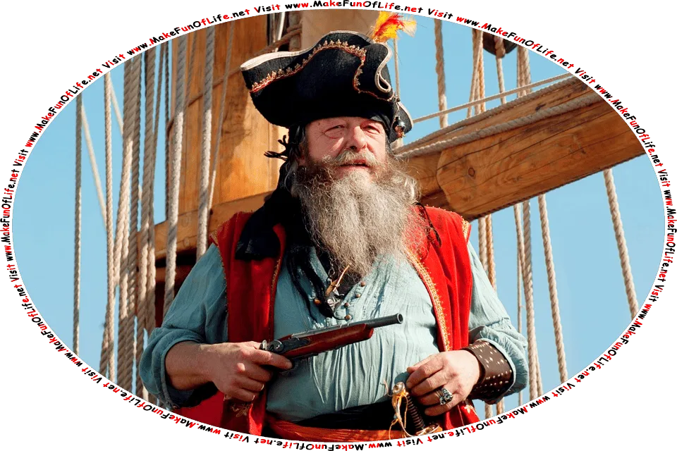 Picture of a happy smiling bearded pirate wearing a three-pointed hat and standing near the riggings of a sailing ship, while holding a musket and wearing a cutlass at his side, and the words, Visit www.MakeFunOfLife.net.