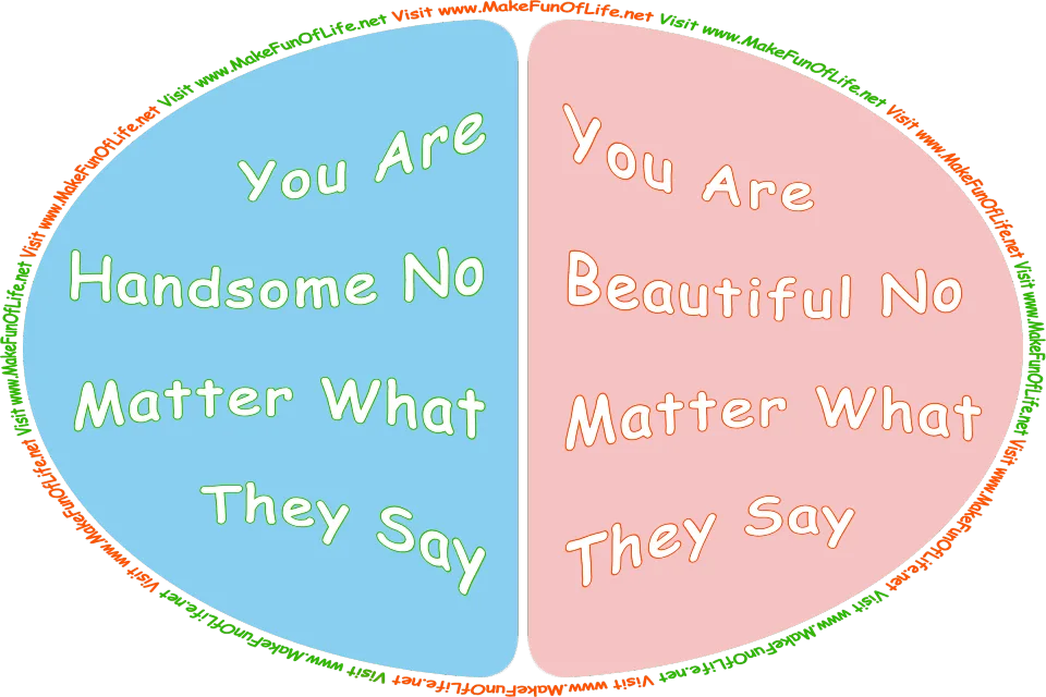 Picture of a blue background with the words, ‘You Are Handsome No Matter What They Say,’ a pink background with the words, ‘You Are Beautiful No Matter What They Say,’ and the words, ‘Visit www.MakeFunOfLife.net.’