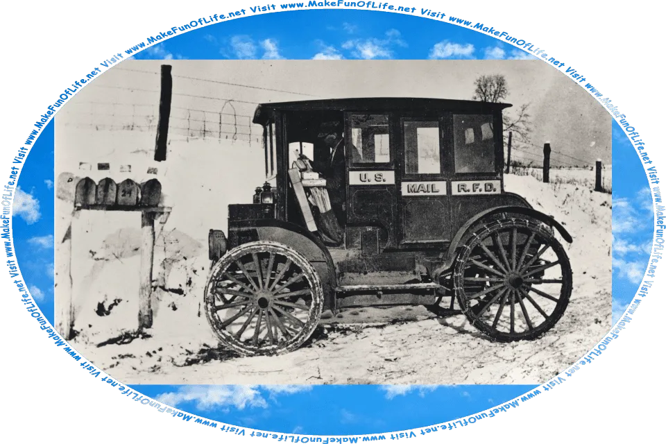 Picture of a mail delivery vehicle stopped on the side of a rural road next to four mailboxes, on a cold and snowy winter day, and the words, Humanity Takes To The Skies - Commemorating Powered Flight - U.S.A. 98 Cents - Visit www.MakeFunOfLife.net.