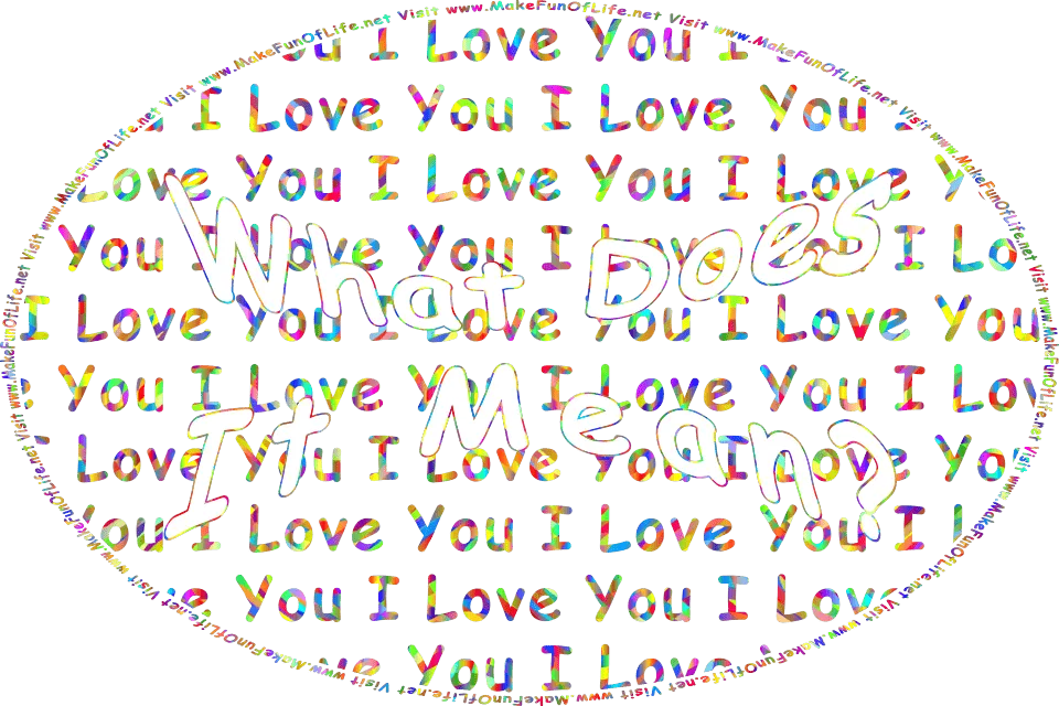 Picture of the phrase, I Love You, printed multiple times, and the words, What Does It Mean? Visit www.MakeFunOfLife.net.