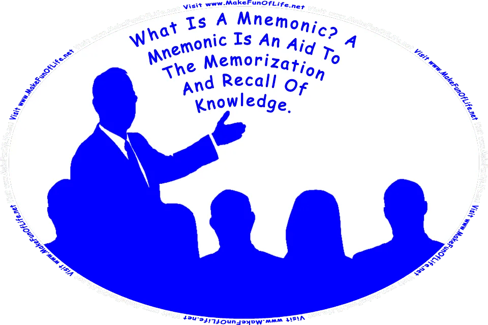 Picture of a lecturer in front of a group of people, pointing at a board on which are the words, What Is A Mnemonic? A Mnemonic Is An Aid To The Memorization And Recall Of Knowledge, and the words, Visit www.MakeFunOfLife.net.