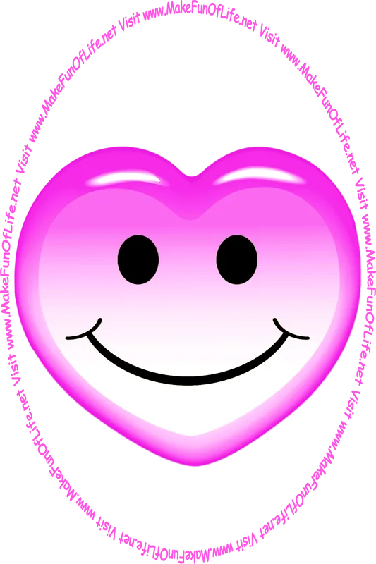 Picture of a purplish-lavender heart with a whimsical smiley face on it, and the words, ‘Visit www.MakeFunOfLife.net.’