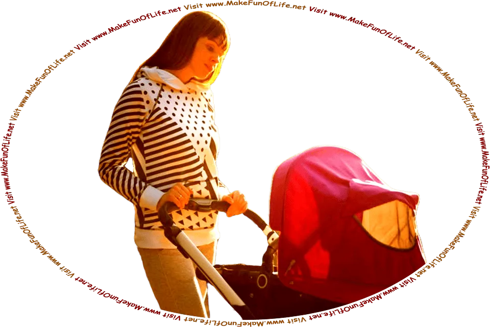 Picture of a woman with a baby stroller, and the words, Visit www.MakeFunOfLife.net.