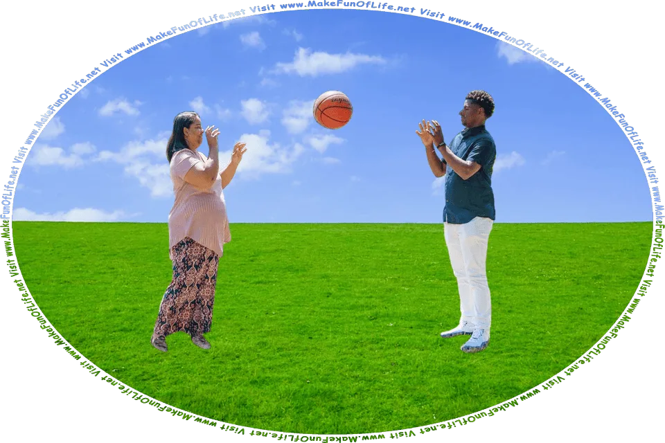 Picture of a mother and her young adult son playing a game of catch with a ball in a field of green grass, with a blue sky and tiny white clouds above, and the words, Visit www.MakeFunOfLife.net.