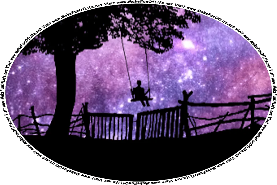 Picture of a person sitting on a swing hanging under a tree next to a fence, all silhouetted against a star-filled nighttime sky, and the words, Visit www.MakeFunOfLife.net.