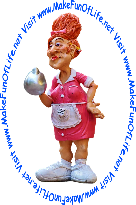 Picture of a waitress carrying a pot of coffee.
