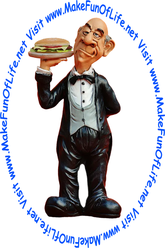 Picture of a waiter carrying a tray with an enormous hamburger sandwich on it.