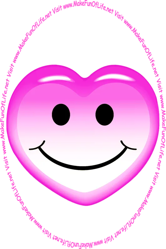 Picture of a purplish-lavender heart with a whimsical smiley face on it, and the words, ‘Visit www.MakeFunOfLife.net.’