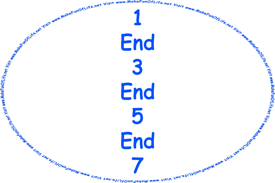 Picture of the numbers 1, 3, 5, and 7, along with the word ‘End’ repeated three times, and the words, Visit www.MakeFunOfLife.net.