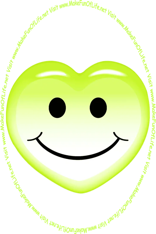 Picture of a greenish-yellow with a whimsical smiley face on it, and the words, ‘Visit www.MakeFunOfLife.net.’