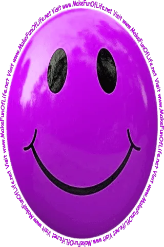 Picture of a lavender smiley face and the words, 'Visit www.MakeFunOfLife.net.'