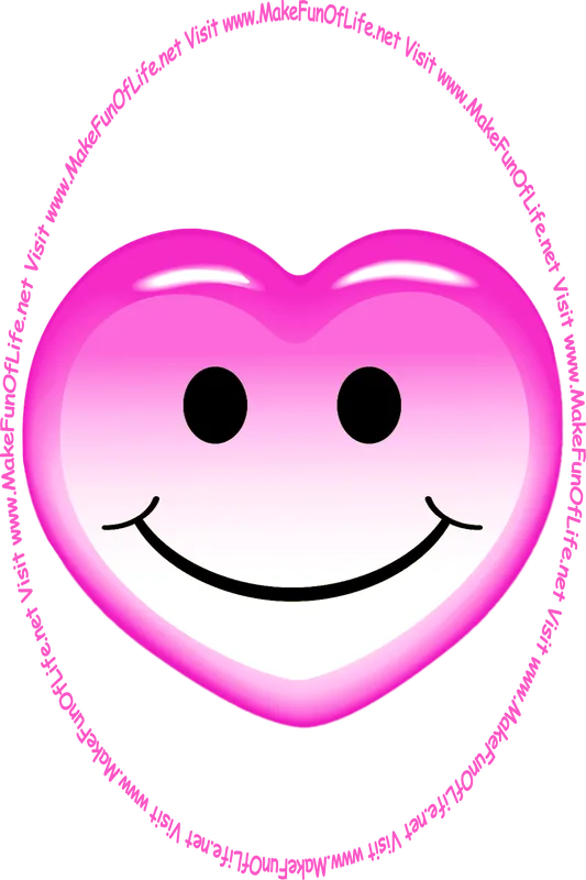 Picture of a purplish-lavender heart with a whimsical smiley face on it, and the words, ‘Visit www.MakeFunOfLife.net.’