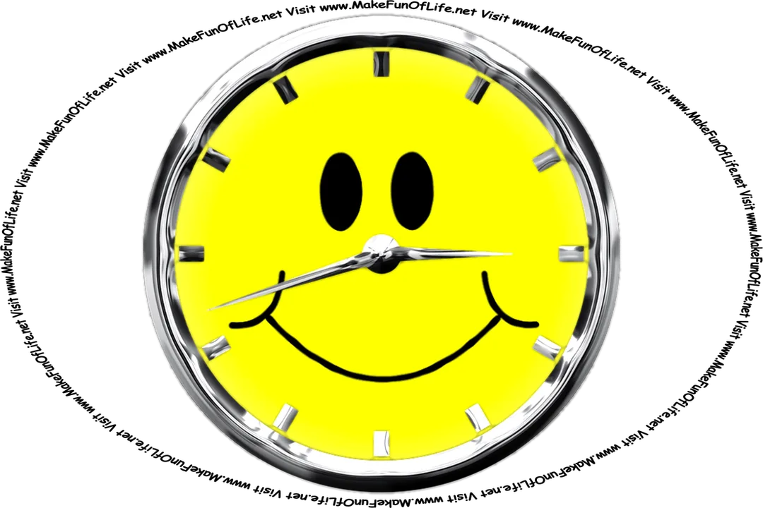 Picture of a happy yellow smiley face as the face on a clock, with metallic silver minute and hour hands, metallic silver tic marks on the hour positions of the clock face, a metallic silver border around the edge of the clock face, and the words, ‘Visit www.MakeFunOfLife.net.’