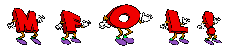 Picture of dancing letter characters M, F, O, L, followed by a dancing exclamation point, standing for Make Fun Of Life! all positioned just above the music or audio controls including the on button and the off button.