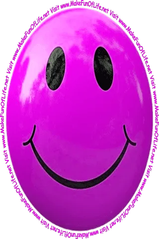 Picture of a pinkish-lavender smiley face and the words, 'Visit www.MakeFunOfLife.net.'