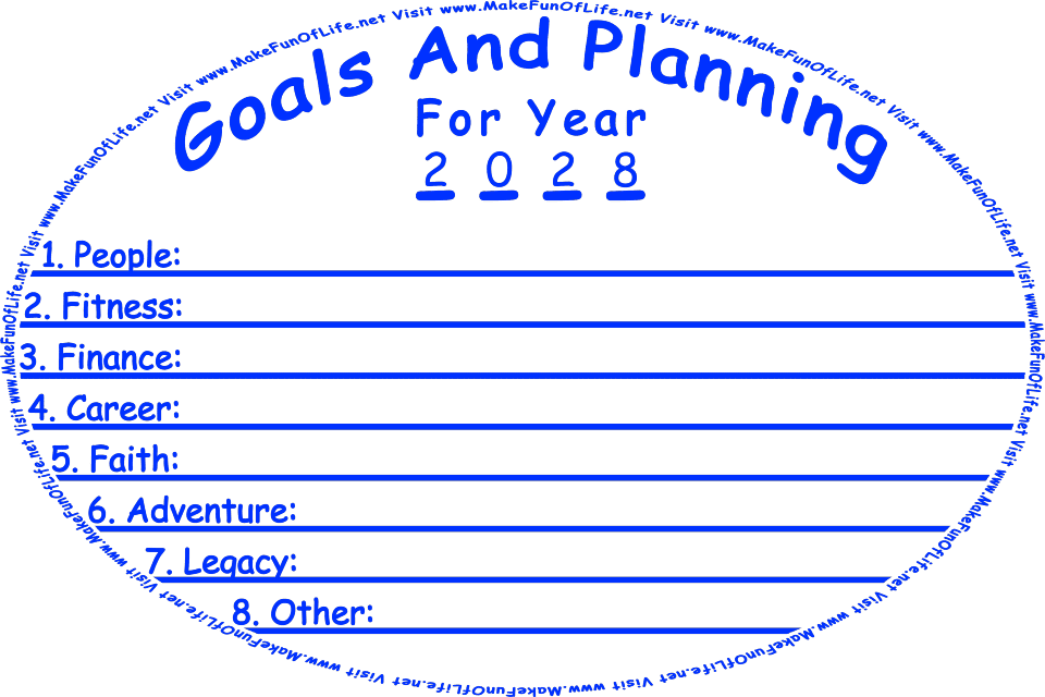 Picture of the words, Goals And Planning For Year 2028, followed by a list of words on individual lines as follows: 1. People, 2. Fitness, 3. Finance, 4. Career, 5. Faith, 5. Adventure, 7. Legacy, and 8. Other, and the words, Visit www.MakeFunOfLife.net.