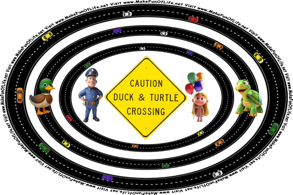Picture of three roads going in circles around a sign reading, Caution - Duck And Turtle Crossing, with a duck and a turtle crossing a road, cars driving on the roads, and a happy smiling police officer and a little girl holding balloons standing next to the sign, and the words, Visit www.MakeFunOfLife.net.
