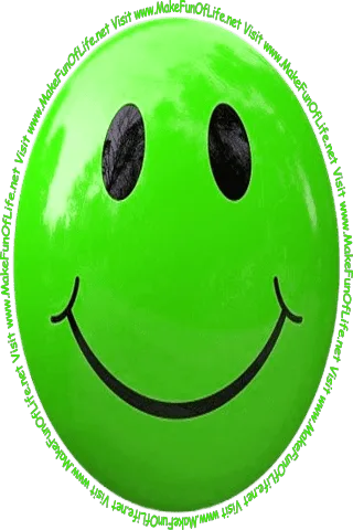 Picture of a medium light green smiley face and the words, 'Visit www.MakeFunOfLife.net.'