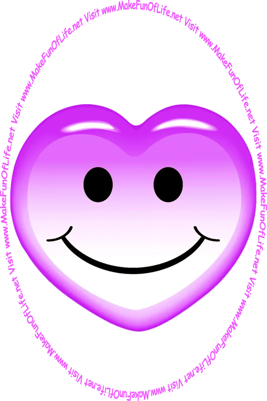 Picture of a purplish-lavender heart with a whimsical smiley face on it, and the words, ‘Visit www.MakeFunOfLife.net.’