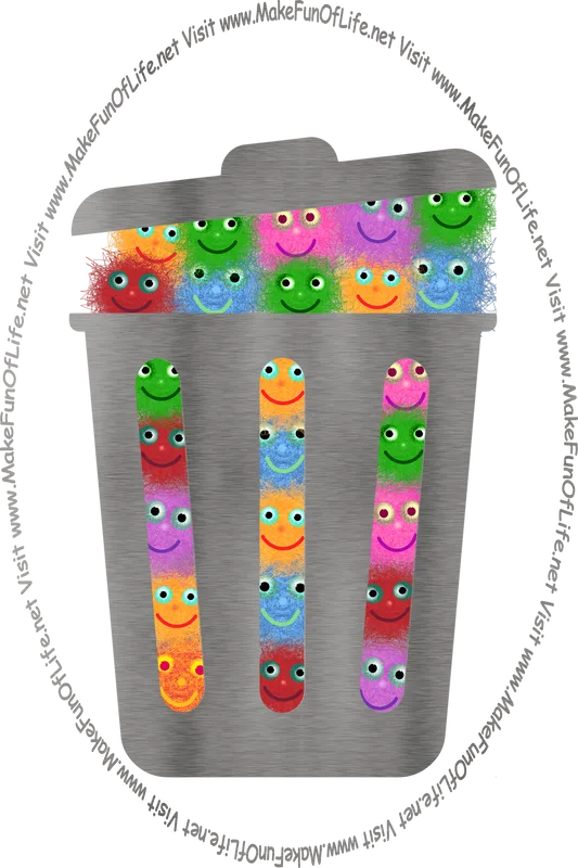 Picture of a trash can filled with happy smiling fur-ball creatures, and the words, 'Visit www.MakeFunOfLife.net.'