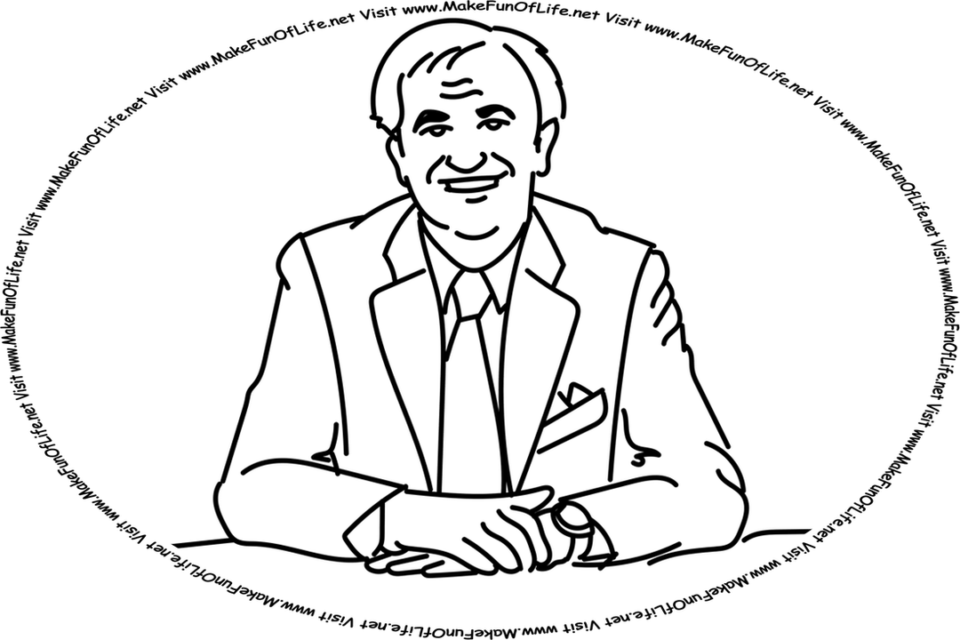 Line drawing of a happy smiling man in a business suit, and the words, ‘Visit www.MakeFunOfLife.net.’