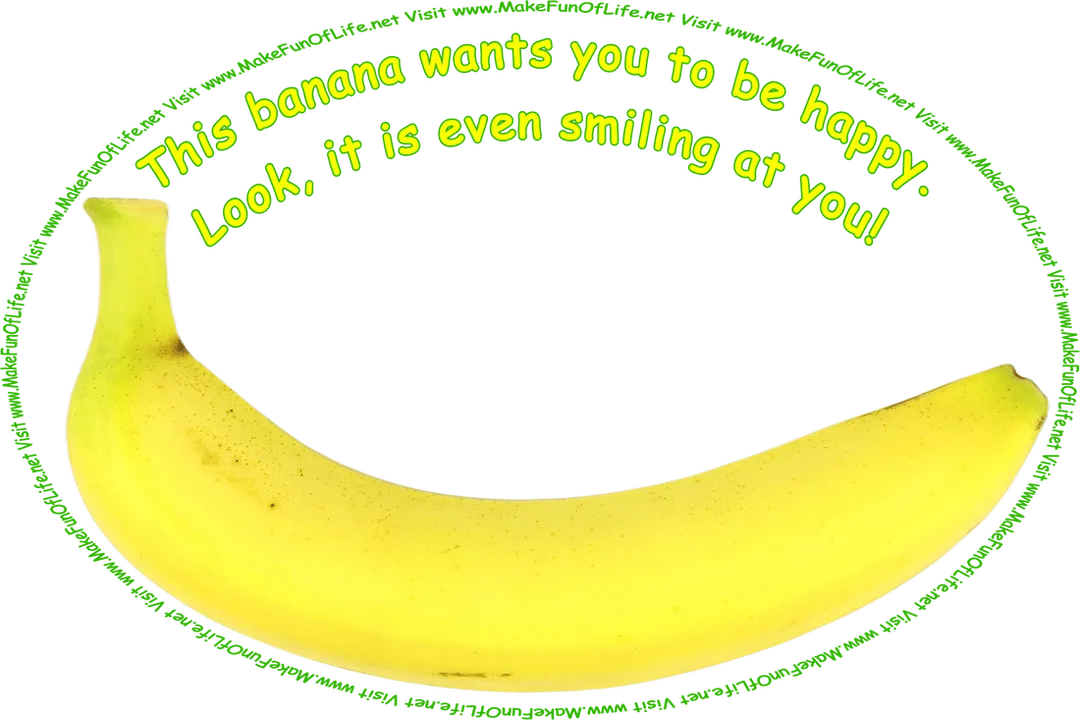 Picture of a curved yellow banana, and the words, ‘This banana wants you to be happy. Look, it is even smiling at you! Visit www.MakeFunOfLife.net.’ 