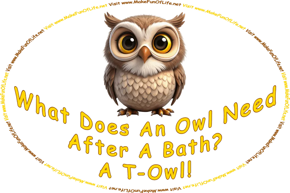 Picture of an owl, a type of bird that often lives in trees in woods and is often nocturnal, and the words, ‘What Does An Owl Need After A Bath? A T-Owl - Visit www.MakeFunOfLife.net.’