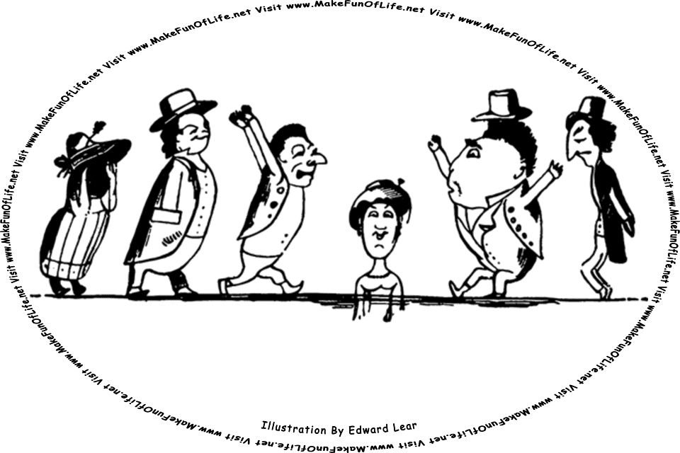 Sketch by Edward Lear of a woman who is submerged in the ground, except for her shoulders, neck, and head, while five other people look at her, and the words, Visit www.MakeFunOfLife.net.