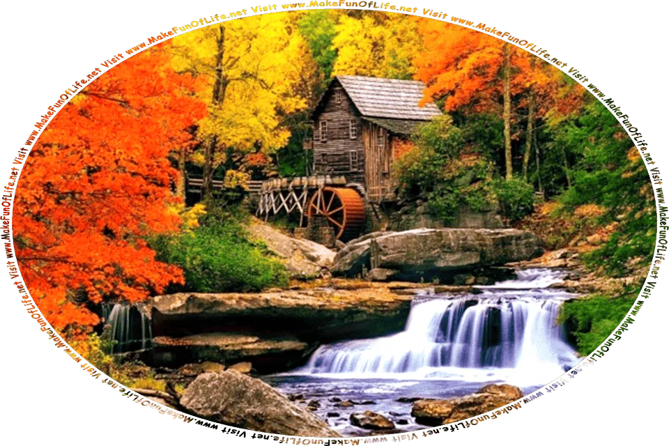 Picture of a watermill next to a stream in a woods during Autumn, and the words, Visit www.MakeFunOfLife.net.