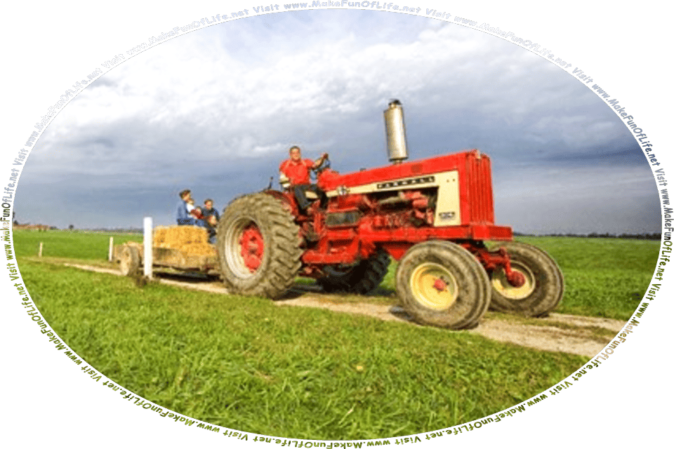Picture of a big red farm tractor pulling a hay wagon filled with hay on top of which people are seated, and the words, Visit www.MakeFunOfLife.net.