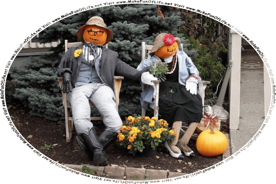 Picture of a humorous Halloween decoration made by stuffing old clothes and shoes and using jack o’lantern pumpkins as heads to make a man and woman, and the words, Visit www.MakeFunOfLife.net.