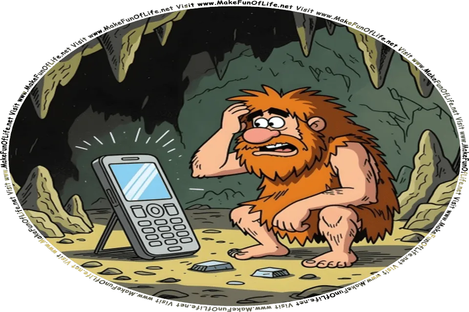 Picture of a prehistoric caveman in a cave, looking with confusion at a cell phone, and the words, Visit www.MakeFunOfLife.net.