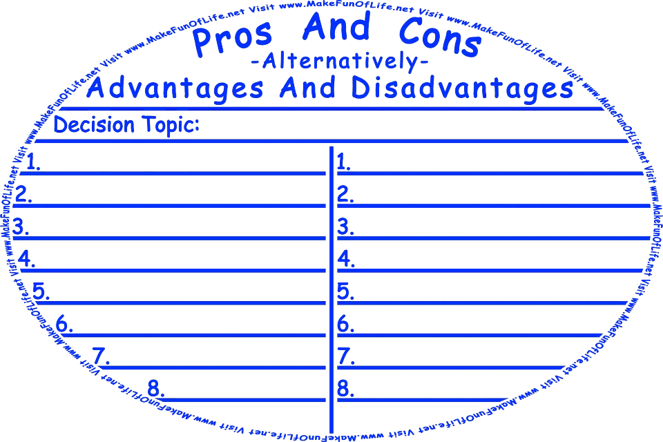 Picture of a page of individually numbered blank lines, at the top of which is printed, Pros And Cons - Alternatively - Advantages And Disadvantages - followed by the words, Decision Topic with space for writing it in, and the words, ‘Visit www.MakeFunOfLife.net.