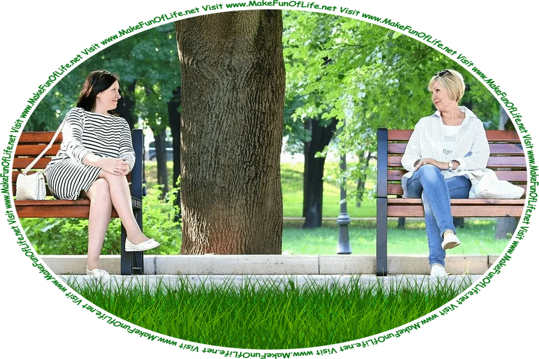 Picture of two happy women smiling at each other from the two separate park benches they are sitting on, which are separated by a green leafy tree, and the words, ‘Visit www.MakeFunOfLife.net.’