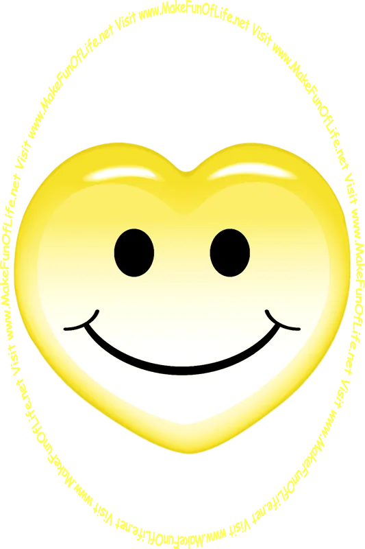 Picture of an orangish-yellow heart with a whimsical smiley face on it, and the words, ‘Visit www.MakeFunOfLife.net.’